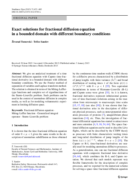 (PDF) Exact solutions for fractional diffusion equation in a bounded ...