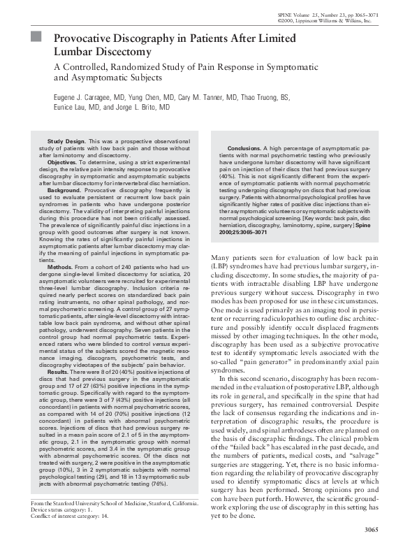 (PDF) Provocative Discography in Patients After Limited Lumbar Discectomy