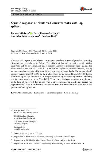(PDF) Seismic response of reinforced concrete walls with lap splices