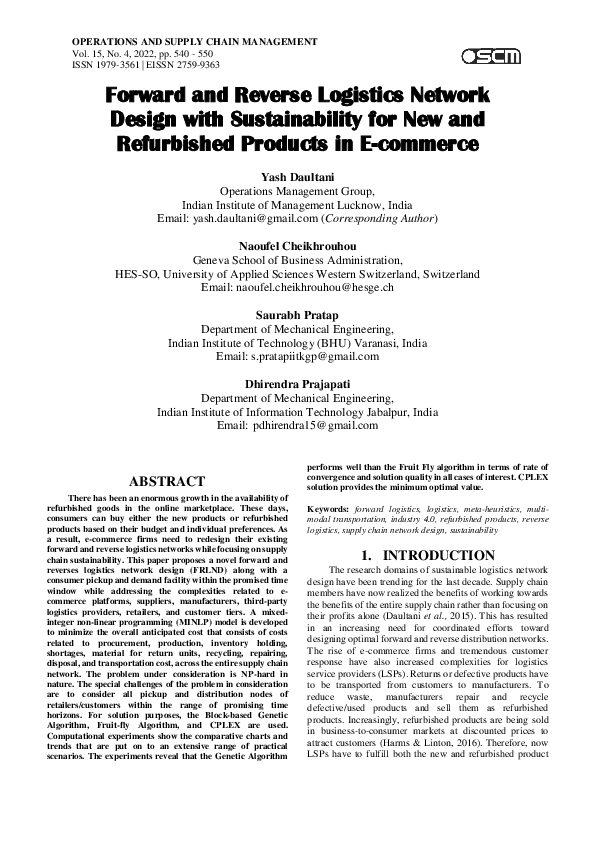 (PDF) Forward and Reverse Logistics Network Design with Sustainability ...
