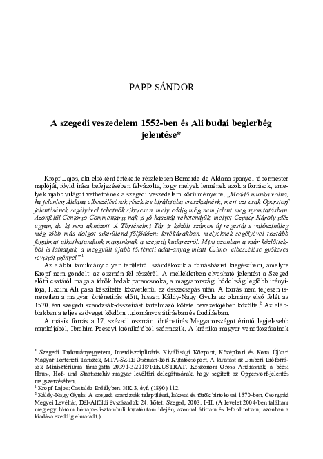 (PDF) A szegedi veszedelem 1552-ben és Ali budai beglerbég jelentése