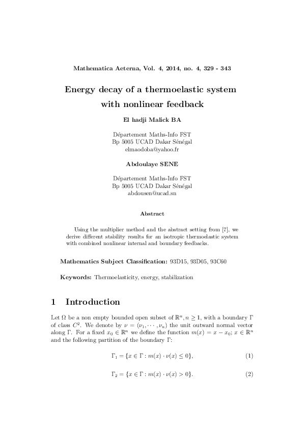 (PDF) Energy decay of a thermoelastic system with nonlinear feedback