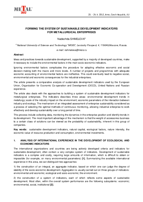 (PDF) Forming the System of Sustainable Development Indicators for ...