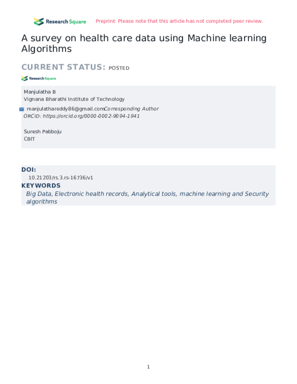 (PDF) A survey on health care data using Machine learning Algorithms