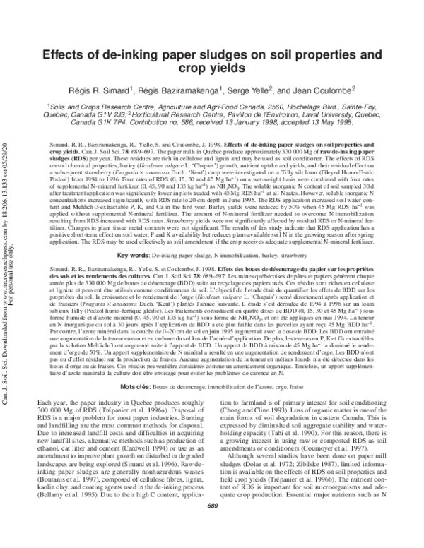 (PDF) Effects of de-inking paper sludges on soil properties and crop yields