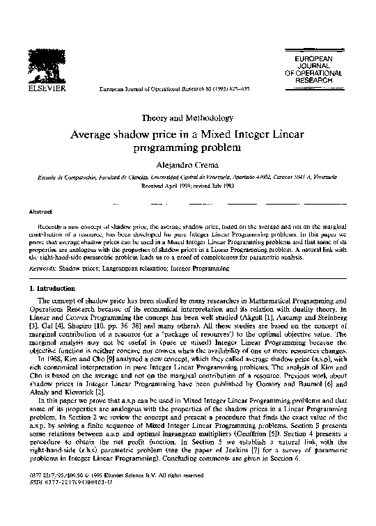 (PDF) Average shadow price in a mixed integer linear programming problem