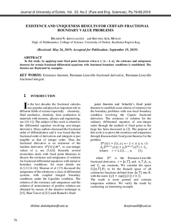 (PDF) EXISTENCE AND UNIQUENESS RESULTS FOR CERTAIN FRACTIONAL BOUNDARY ...