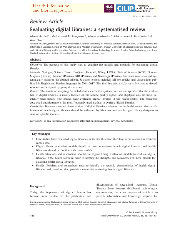 (PDF) Evaluating digital libraries: a systematised review