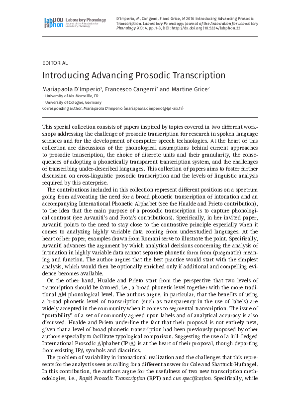 (PDF) Introducing Advancing Prosodic Transcription