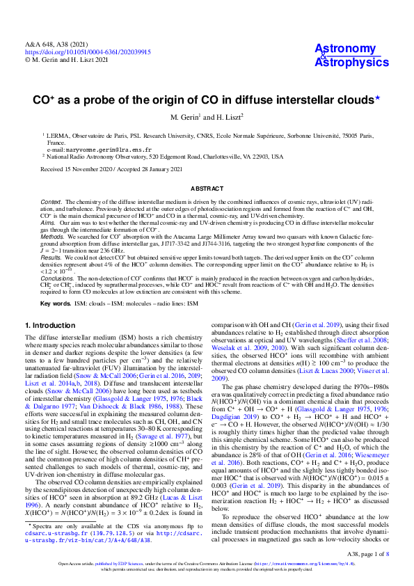 (PDF) CO+ as a probe of the origin of CO in diffuse interstellar clouds