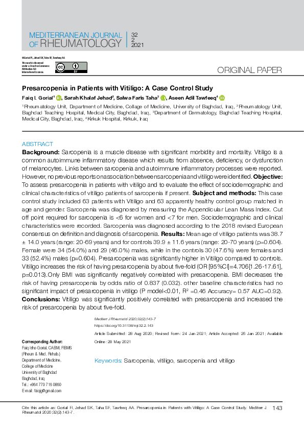 (PDF) Presarcopenia in Patients with Vitiligo A Case Control Study