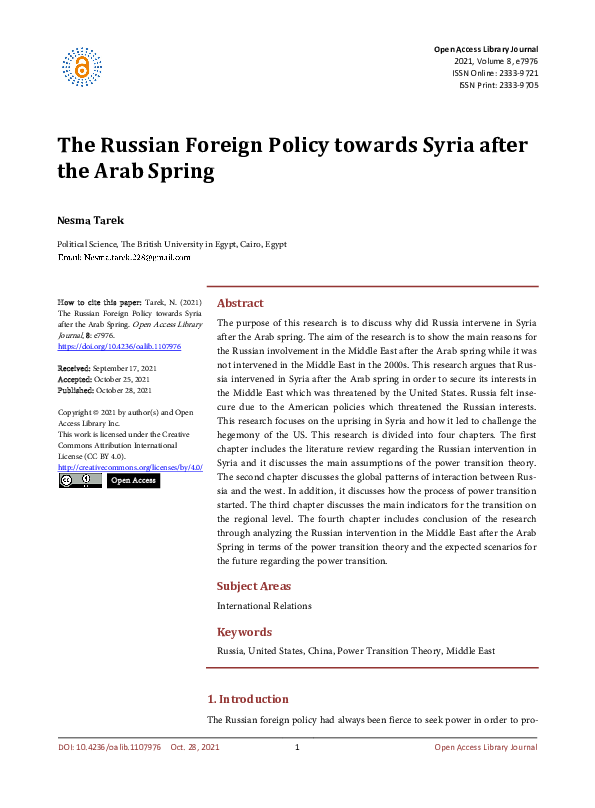 (PDF) The Russian Foreign Policy towards Syria after the Arab Spring