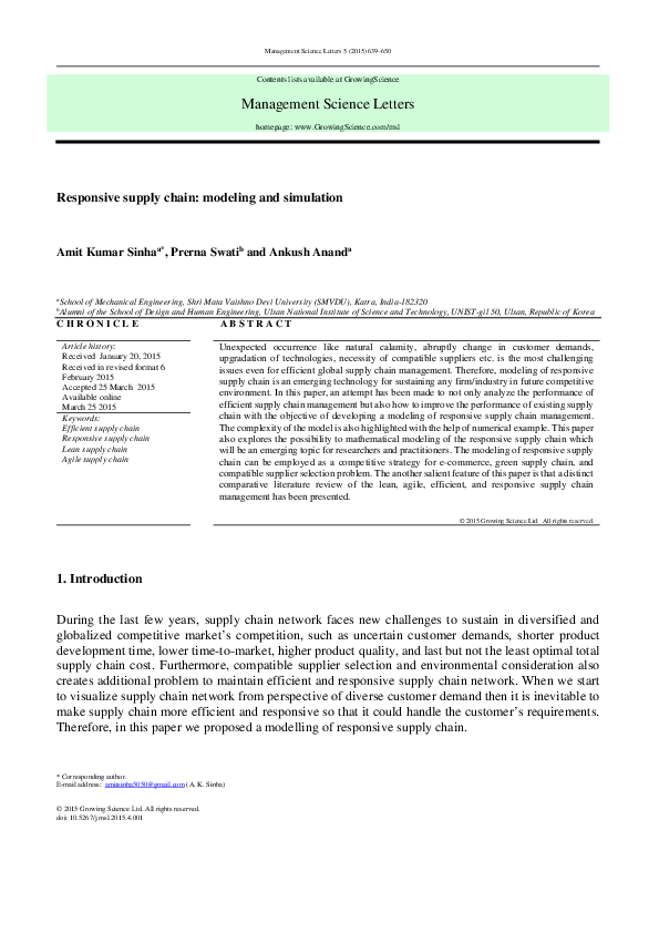 (PDF) Responsive supply chain: modeling and simulation