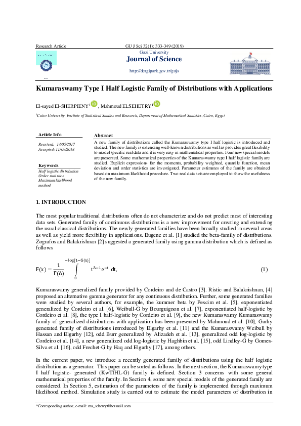 (PDF) Kumaraswamy Type I Half Logistic Family of Distributions with ...