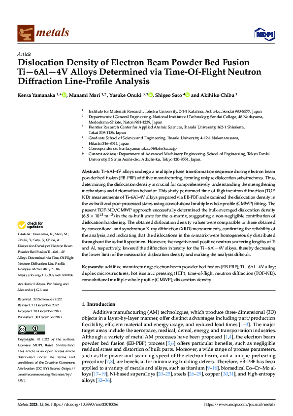 (PDF) Dislocation Density of Electron Beam Powder Bed Fusion Ti–6Al–4V ...
