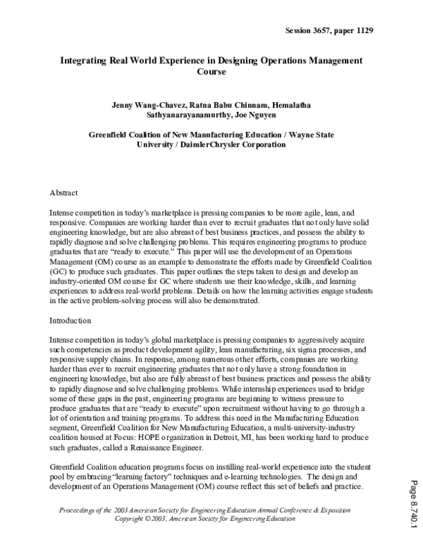 (PDF) Integrating Real World Experience In The Design Of An Operations ...