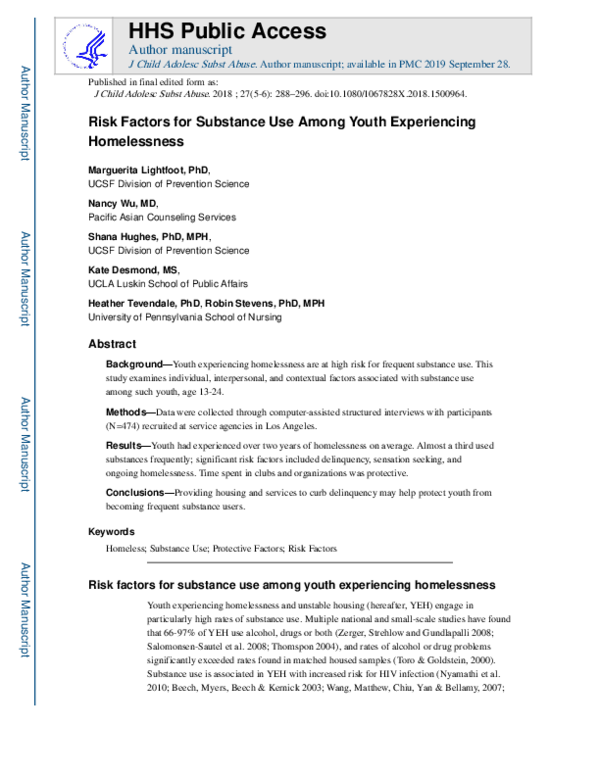 (PDF) Risk factors for substance use among youth experiencing homelessness