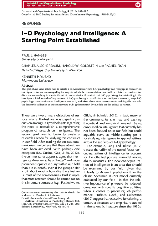 (PDF) I–O Psychology and Intelligence: A Starting Point Established