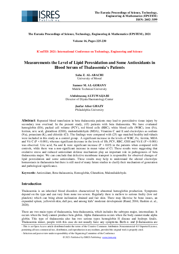 (PDF) Measurements the Level of Lipid Peroxidation and Some ...