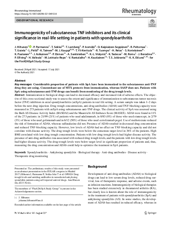 (PDF) Immunogenicity of subcutaneous TNF inhibitors and its clinical ...