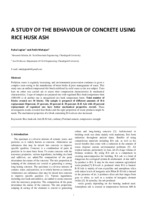 (PDF) A Study of the Behaviour of Concrete using Rice Husk Ash