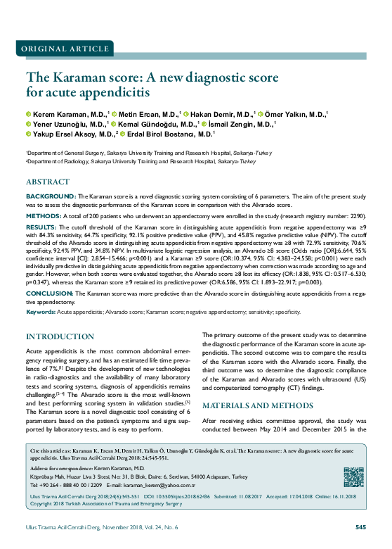 (PDF) The XXXX score: A new diagnostic score for acute appendicitis