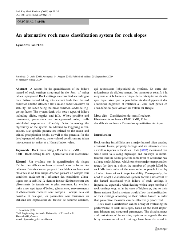 Pdf An Alternative Rock Mass Classification System For Rock Slopes