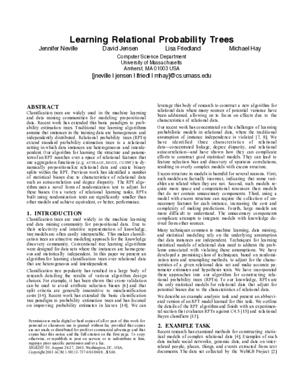 (PDF) Learning relational probability trees David Jensen Academia.edu