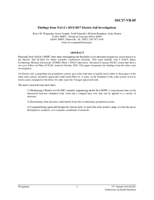 (PDF) Findings from NASA’s 2015-2017 Electric Sail Investigations