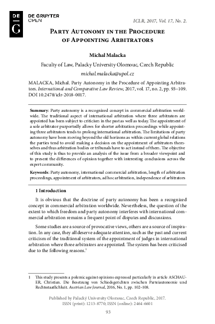 (PDF) Party Autonomy in the Procedure of Appointing Arbitrators