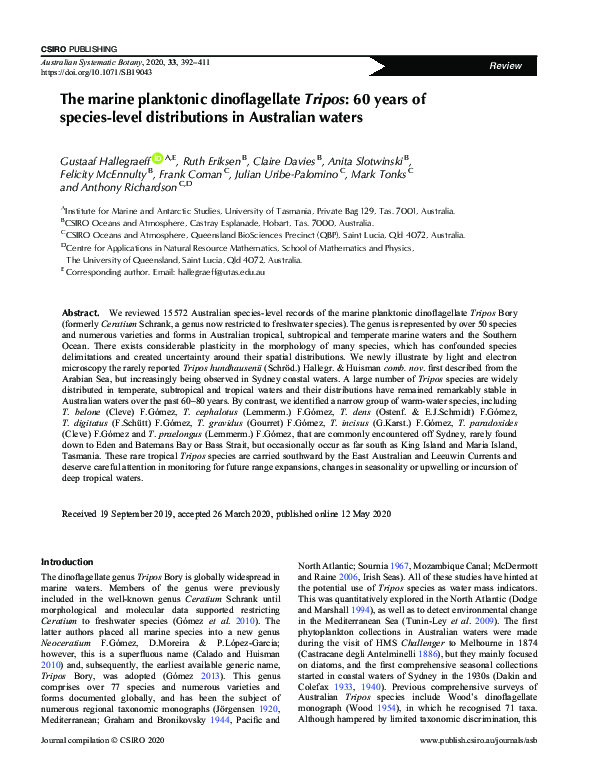 (PDF) The marine planktonic dinoflagellate Tripos: 60 years of species ...