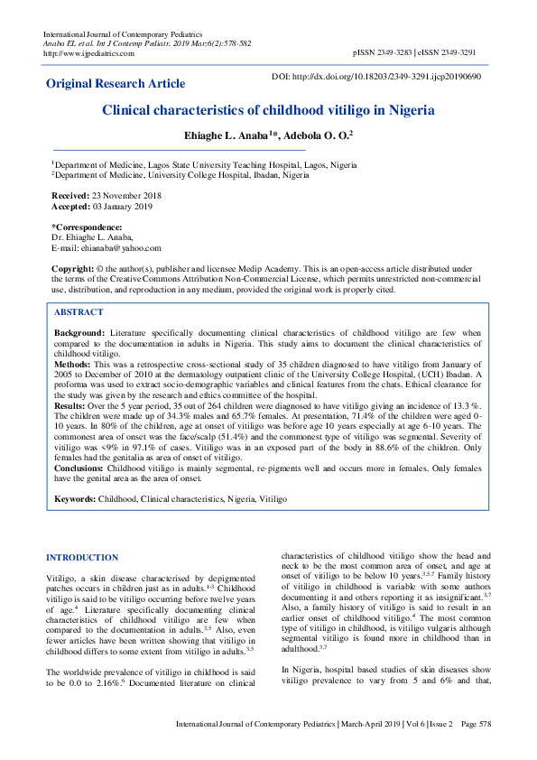 (PDF) Clinical characteristics of childhood vitiligo in Nigeria