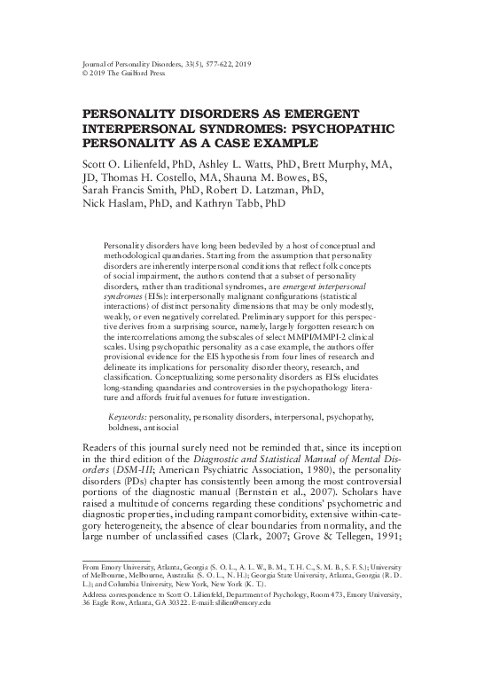 (PDF) Personality Disorders as Emergent Interpersonal Syndromes ...