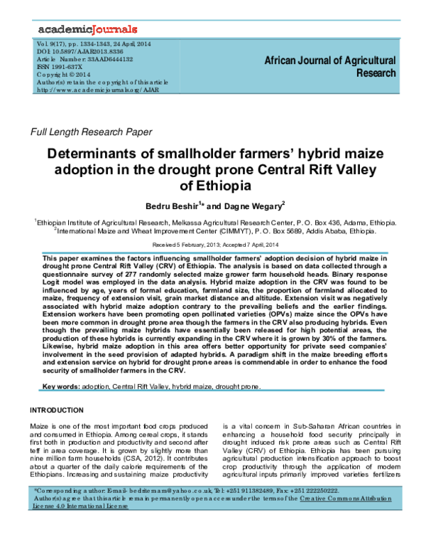 (PDF) Determinants of smallholder farmers' hybrid maize adoption in the ...