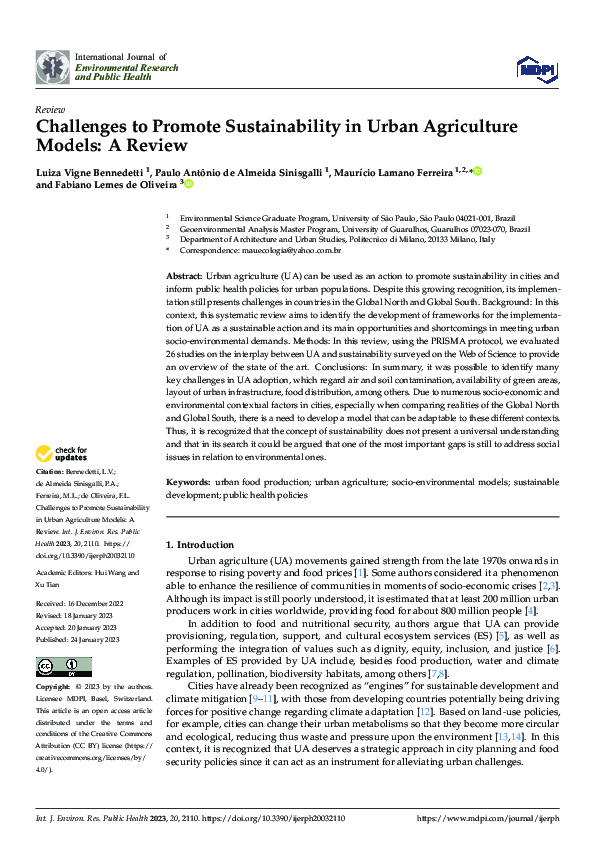 (PDF) Challenges to Promote Sustainability in Urban Agriculture Models ...