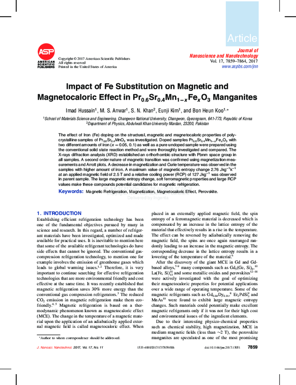 (PDF) Impact of Fe Substitution on Magnetic and Magnetocaloric Effect ...