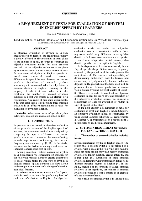 (PDF) A Requirement of Texts for Evaluation of Rhythm in English Speech ...