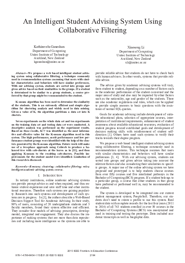 (PDF) An intelligent student advising system using collaborative filtering