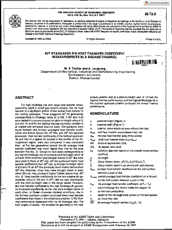 (PDF) 45° Staggered Rib Heat Transfer Coefficient Measurements in a ...