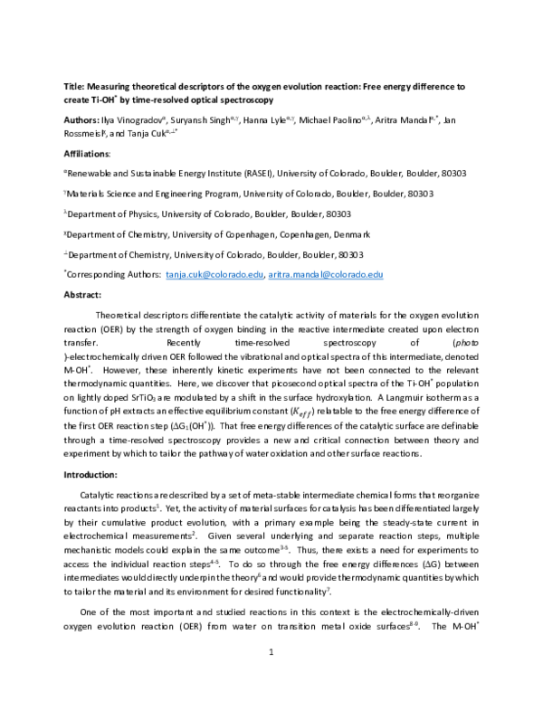 (PDF) Measuring Theoretical Descriptors of Water Oxidation: Free Energy ...