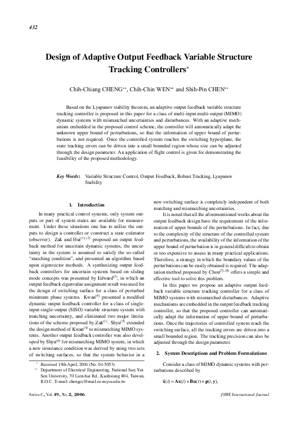 (PDF) Design of Adaptive Output Feedback Variable Structure Tracking ...