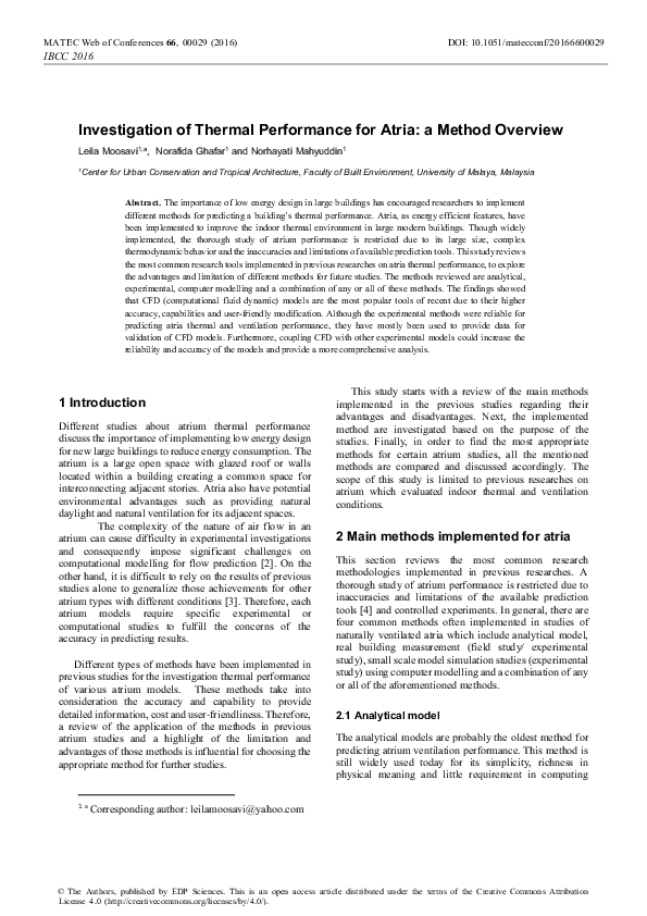 (PDF) Investigation of Thermal Performance for Atria: a Method Overview