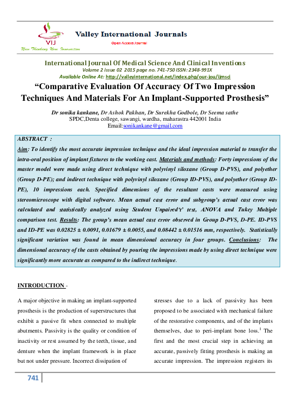 (PDF) “Comparative Evaluation Of Accuracy Of Two Impression Techniques ...