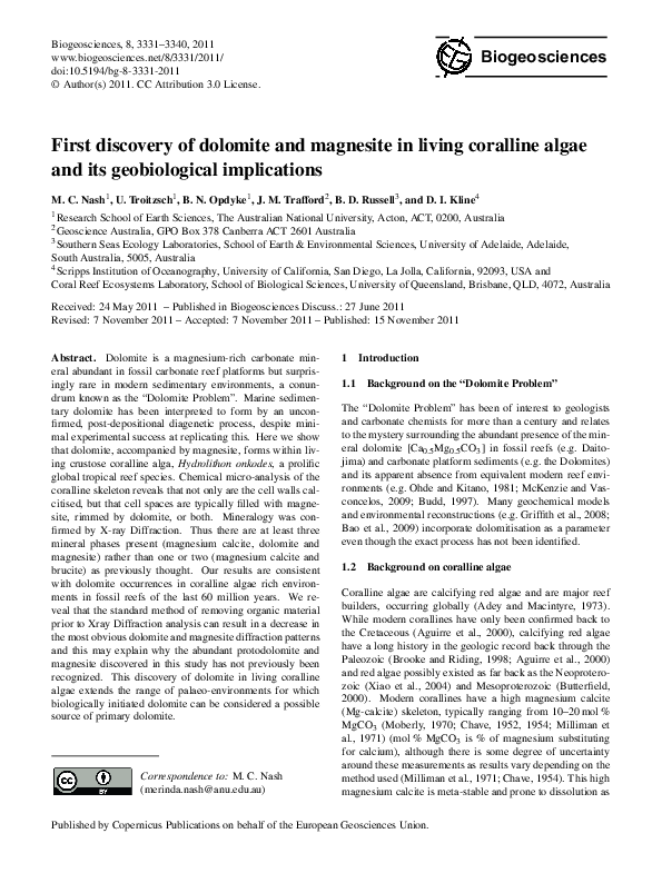 (PDF) First discovery of dolomite and magnesite in living coralline ...