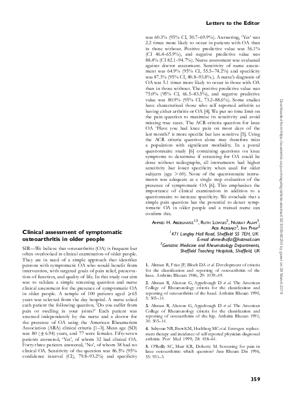 (PDF) Clinical assessment of symptomatic osteoarthritis in older people