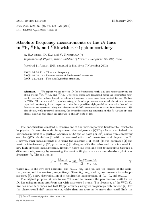 (PDF) Absolute frequency measurements of the D 1 lines in 39 K, 85 Rb ...
