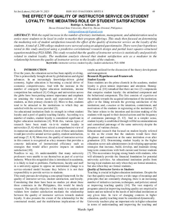 (PDF) THE EFFECT OF QUALITY OF INSTRUCTOR SERVICE ON STUDENT LOYALTY ...