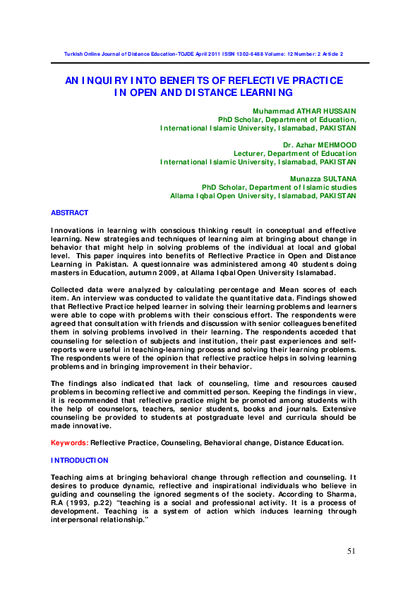 (PDF) An Inquiry Into Benefits Of Reflective Practice In Open And ...