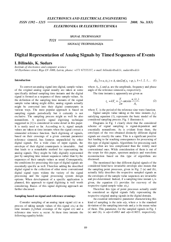 (PDF) Digital Representation of Analog Signals by Timed Sequences of Events