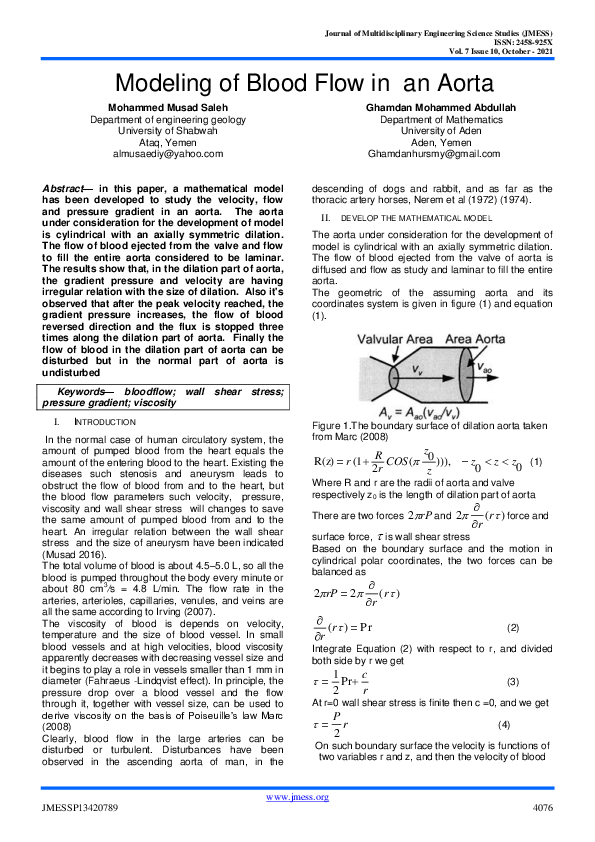 (PDF) Modeling of Blood Flow in an Aorta